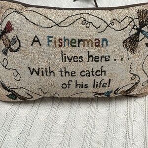 Decorative pillow. Fisherman flies fishing line tapestry black back fabric